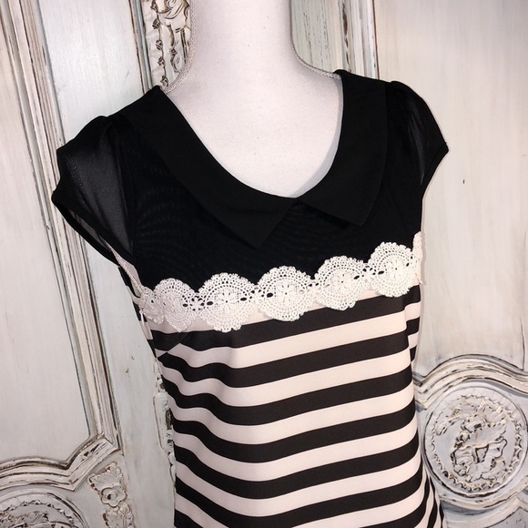 Umisky / Young Short Puff Sheer Sleeves with Lace Detailing Pointed Collar Dress - Picture 2 of 14